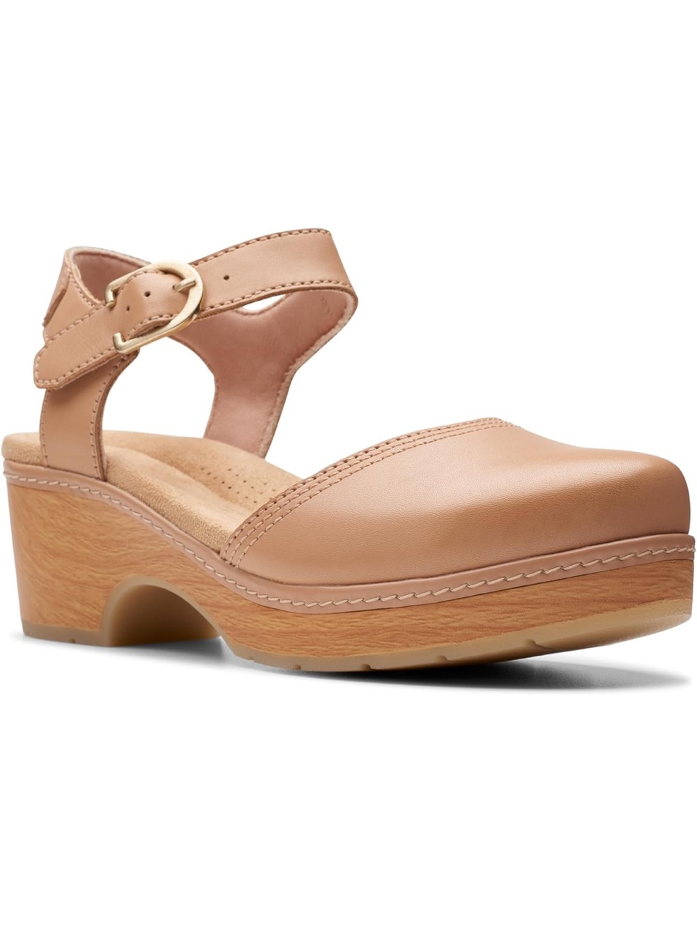 Clarks Beige or Nude Leather Clog Sandals with Buckle